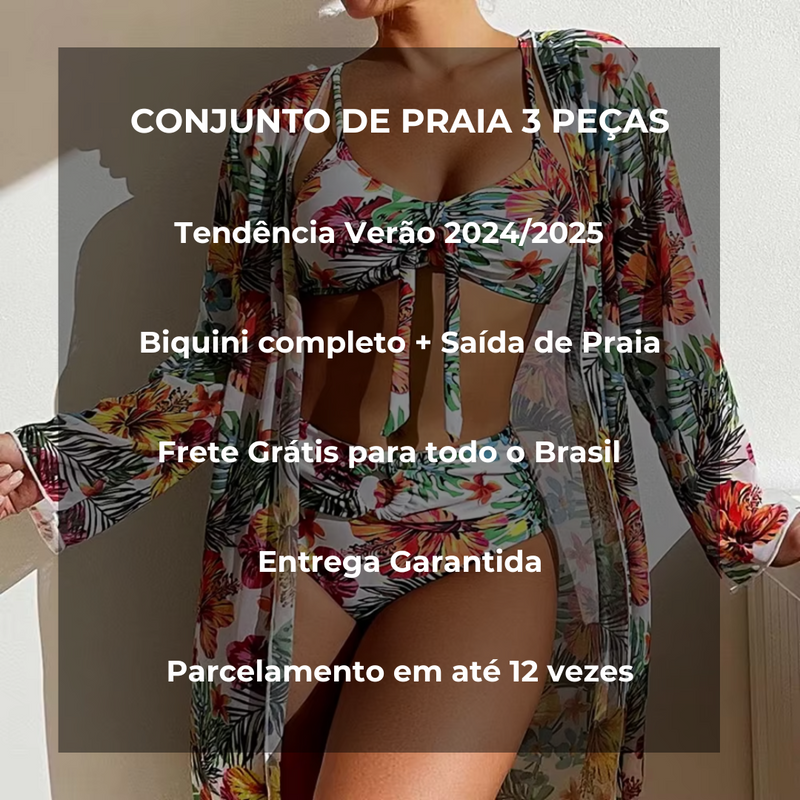 Conjunto de Praia 3 Peças Premium (Biquíni + Saída de Praia)