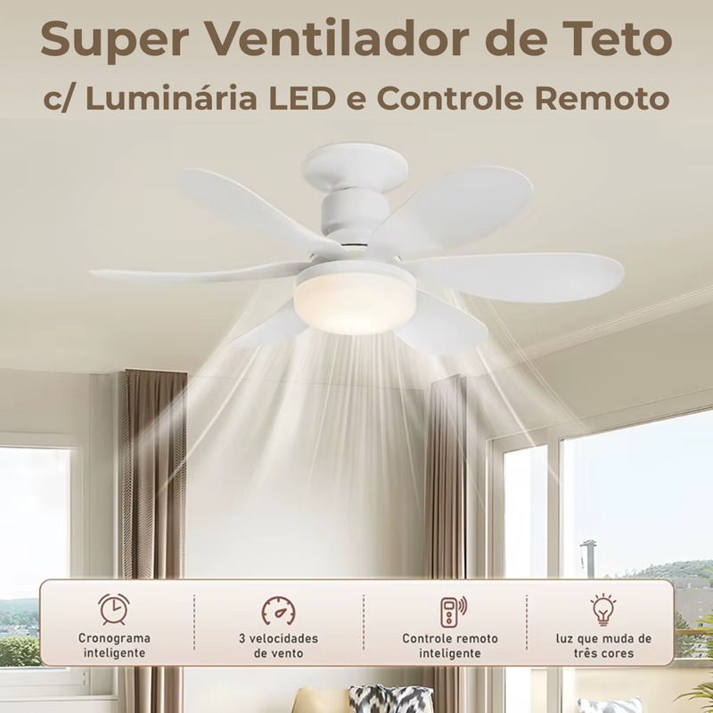 Super Ventilador de Teto c/ Luminária LED e Controle Remoto Inteligente