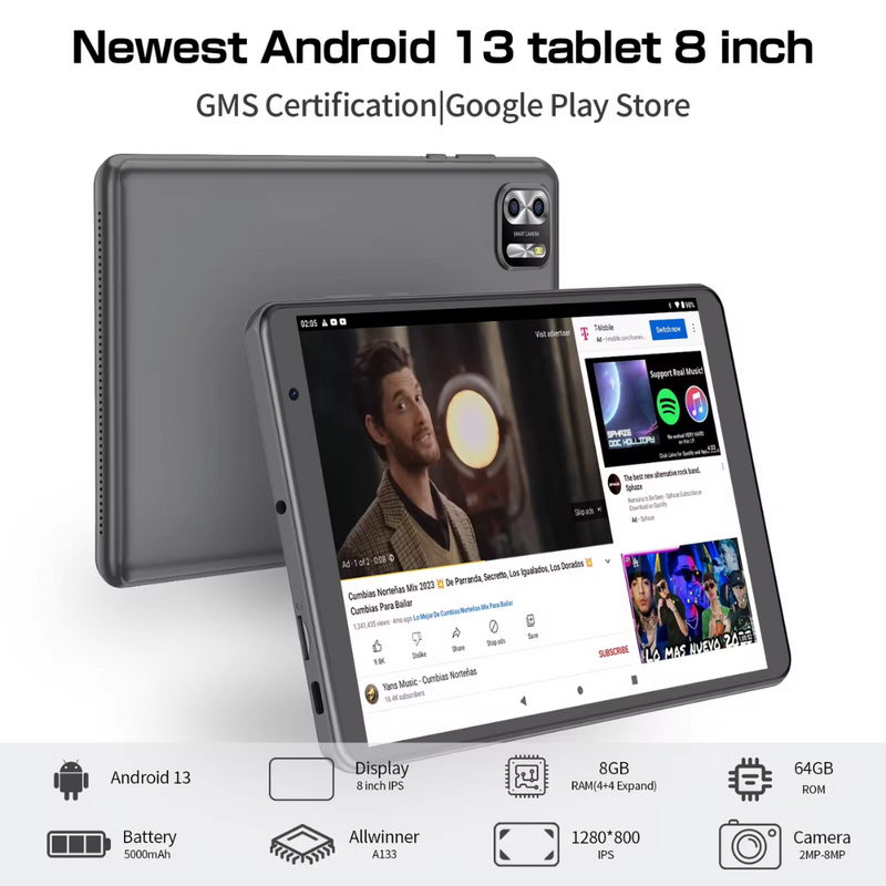 Tablet PRITOM Tela 8" Android 13 4GB RAM + 64GB ROM Dual CAM 8MP+2MP