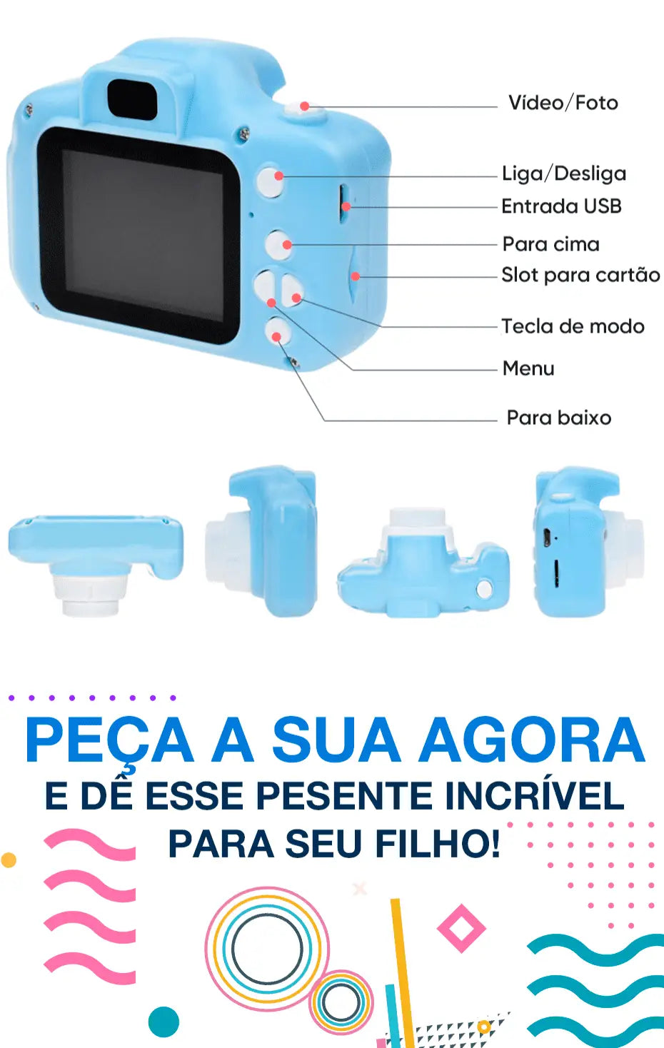 Câmera Digital Infantil PRO Resistente + Cartão 32G