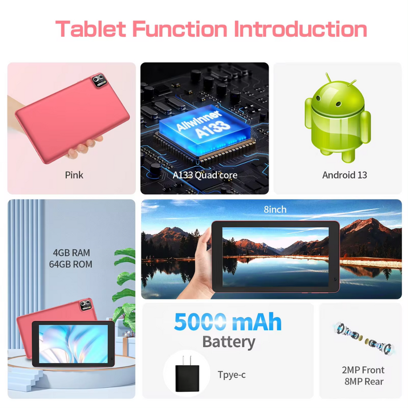 Tablet PRITOM Tela 8" Android 13 4GB RAM + 64GB ROM Dual CAM 8MP+2MP